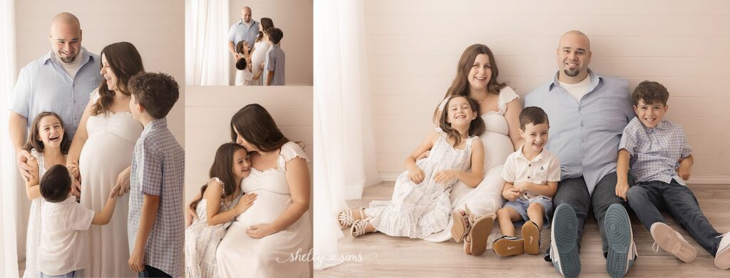Family of 5 laughing in Tulsa photography studio for maternity session
