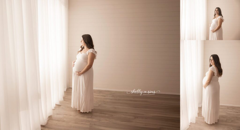 mom posing for maternity portraits in Owasso photography studio 
